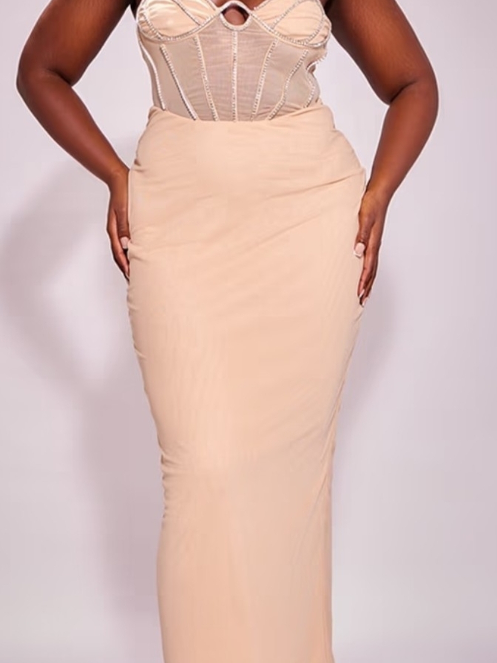 Nude Jeweled Diamante Corset Bandeau Maxi Dress
